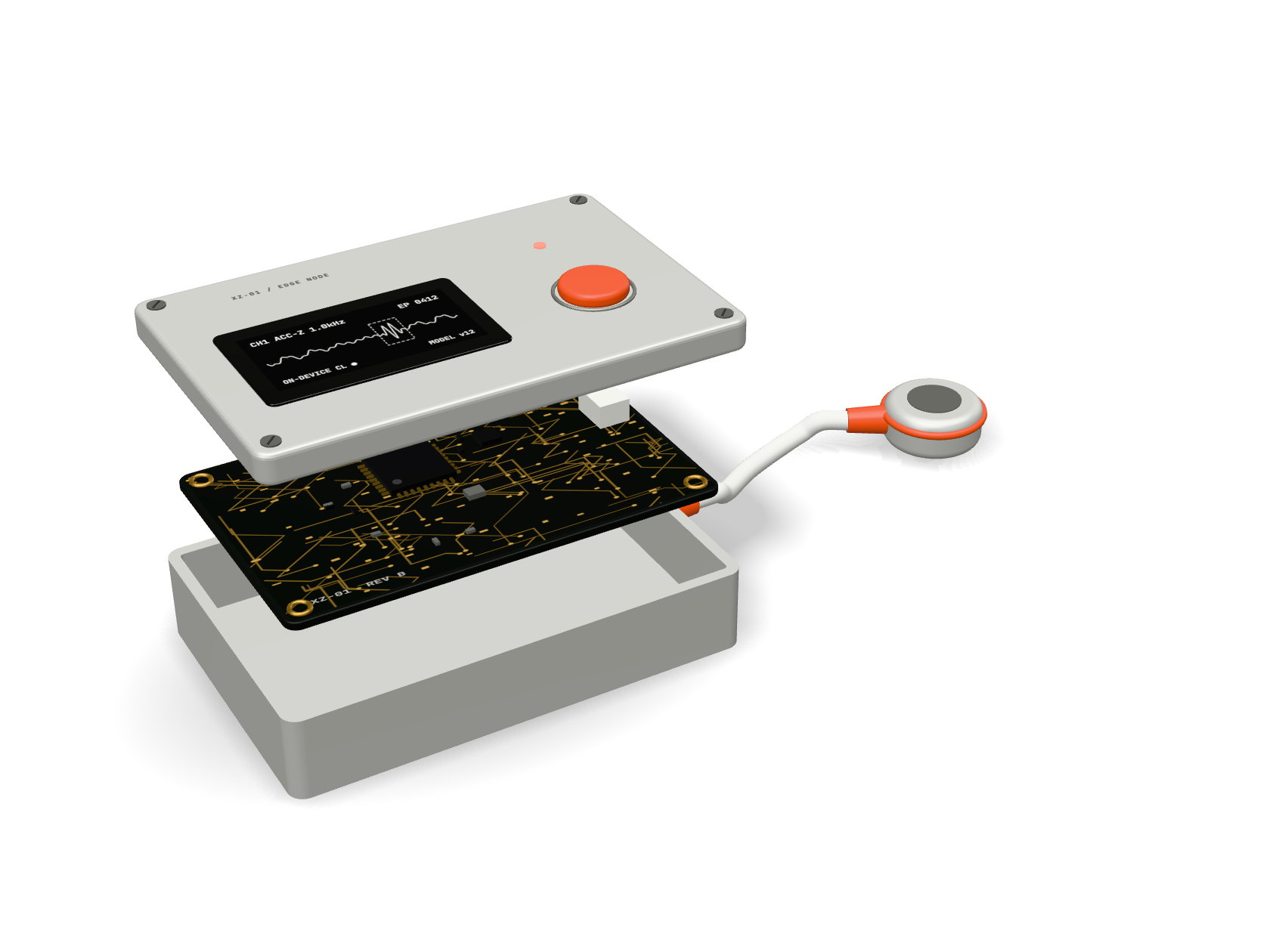 Edge node blockout, exploded into lid, PCB, processor, base, cable and sensor puck